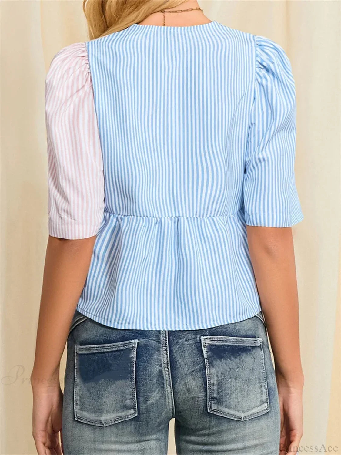 Striped Tie-Up Short Sleeve Blouse blouse-250223