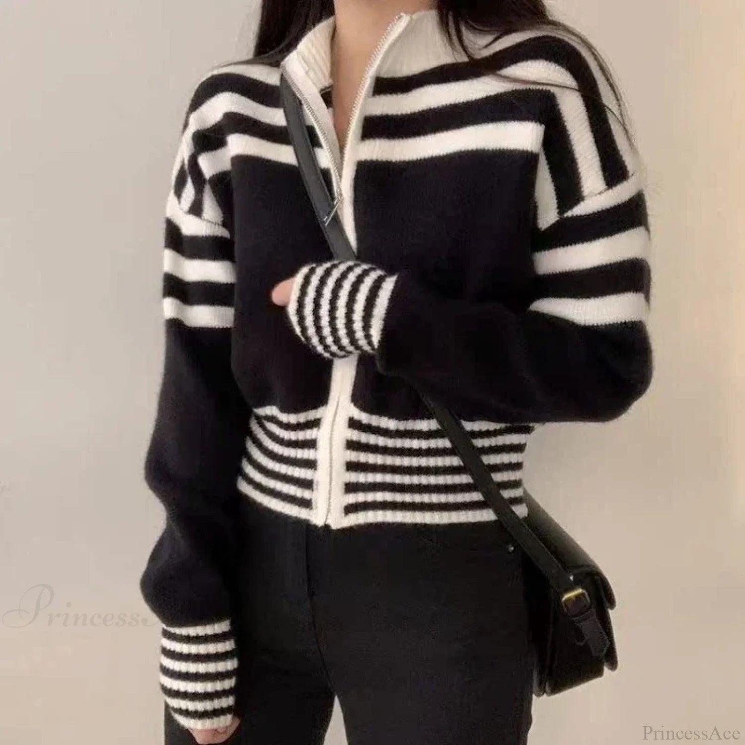 Striped Zipper Stand-Up Collar Cardigan