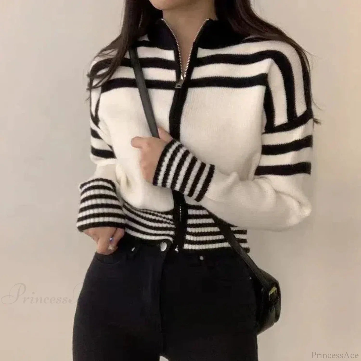 Striped Zipper Stand-Up Collar Cardigan