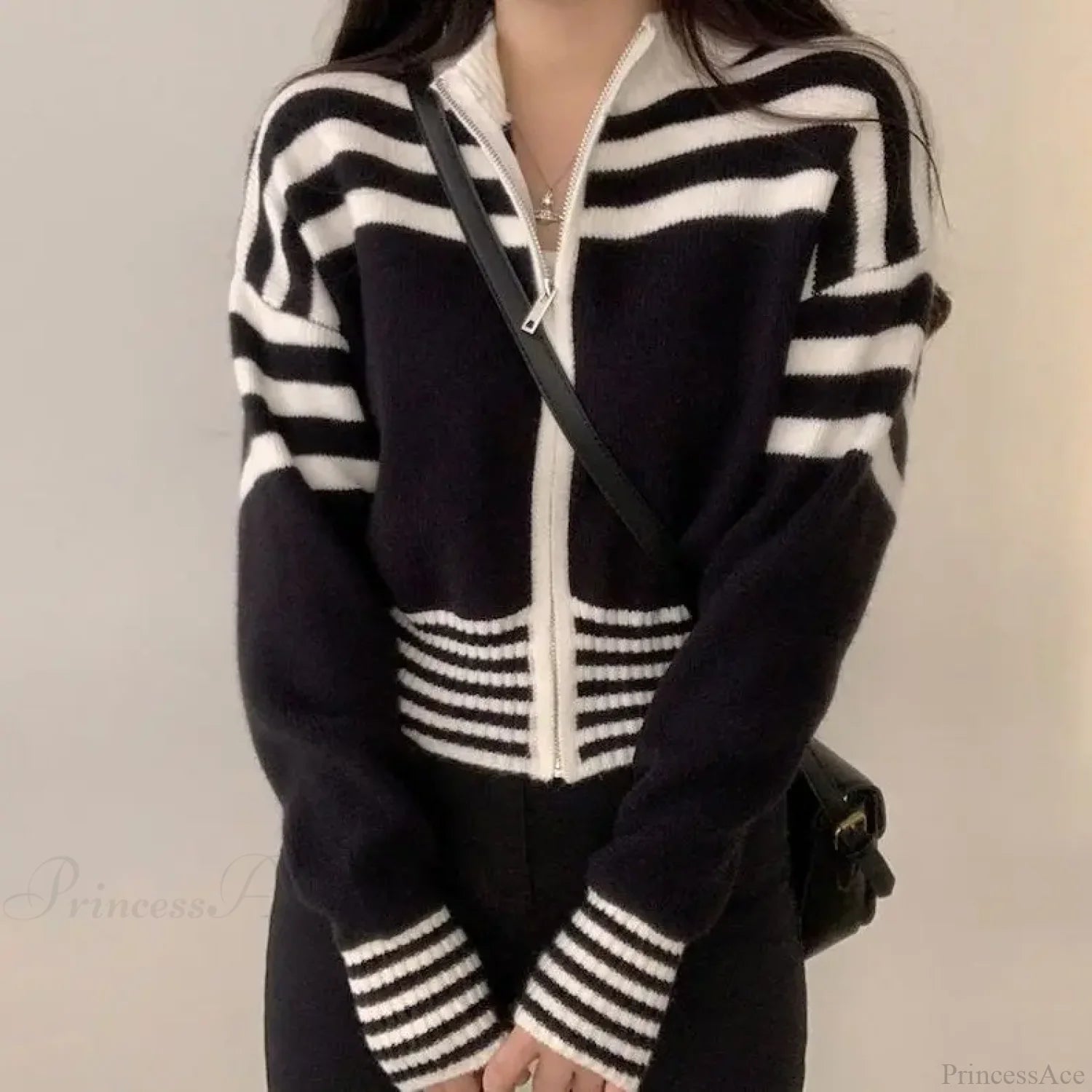 Striped Zipper Stand-Up Collar Cardigan Black / S