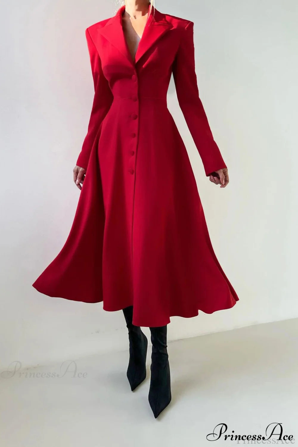 Structured Shoulder Solid Blazer Elegant Maxi Dress Red / S