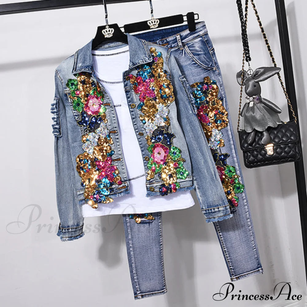 Style European Flower Suit Women Jeans Pants Outfit Jacket & Denim Fashion Sequined Set