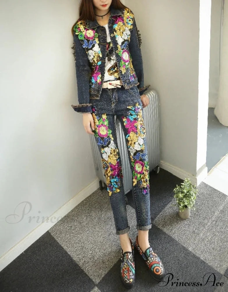Style European Flower Suit Women Jeans Pants Outfit Jacket & Denim Fashion Sequined Set And Jeans 2
