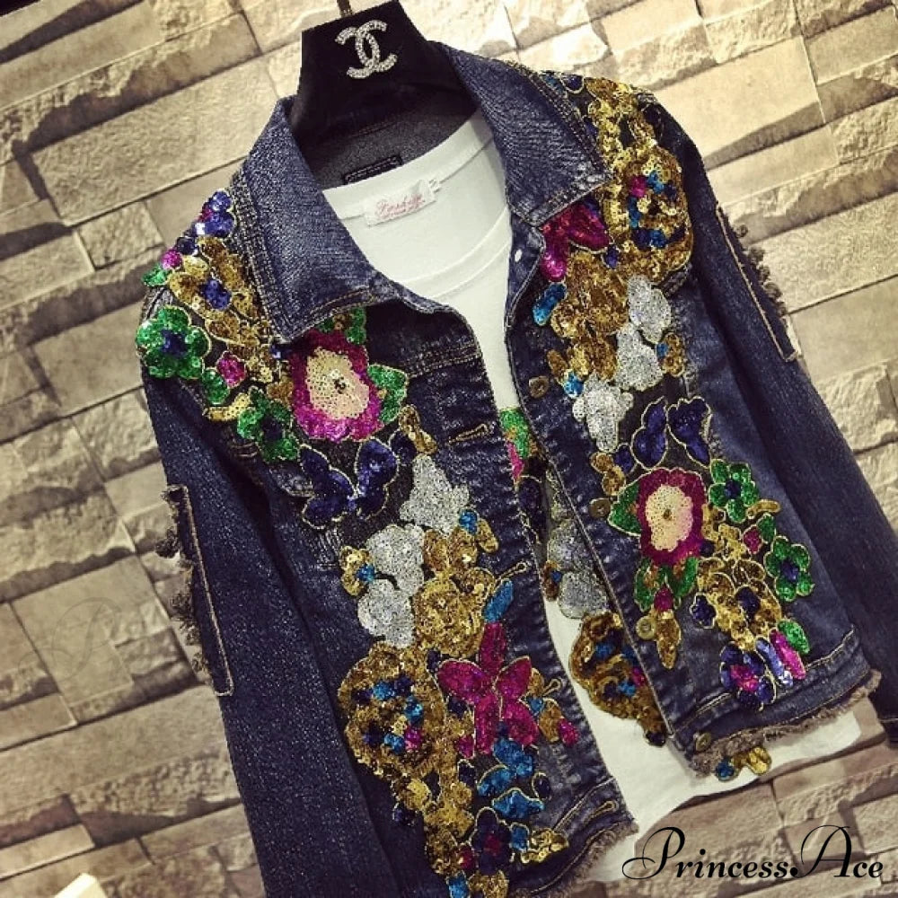 Style European Flower Suit Women Jeans Pants Outfit Jacket & Denim Fashion Sequined Set Only Coat 2