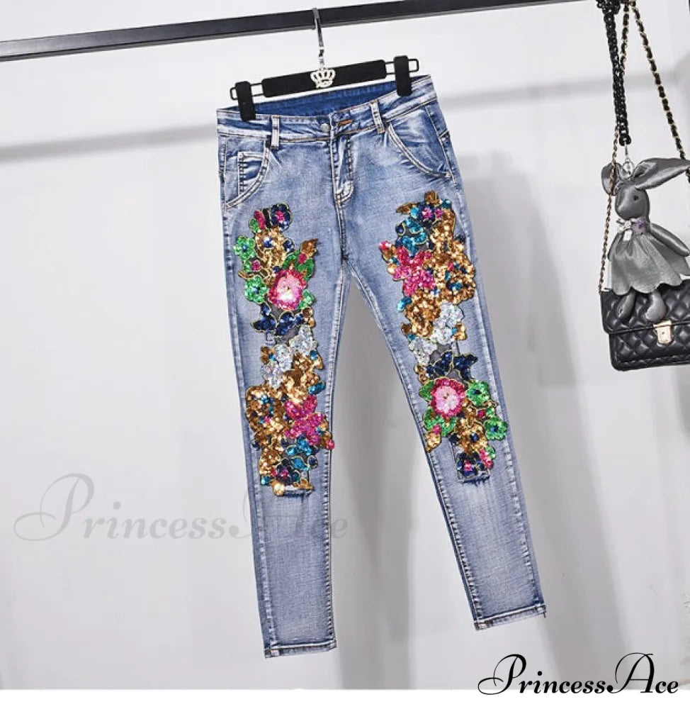 Style European Flower Suit Women Jeans Pants Outfit Jacket & Denim Fashion Sequined Set Jeans / S