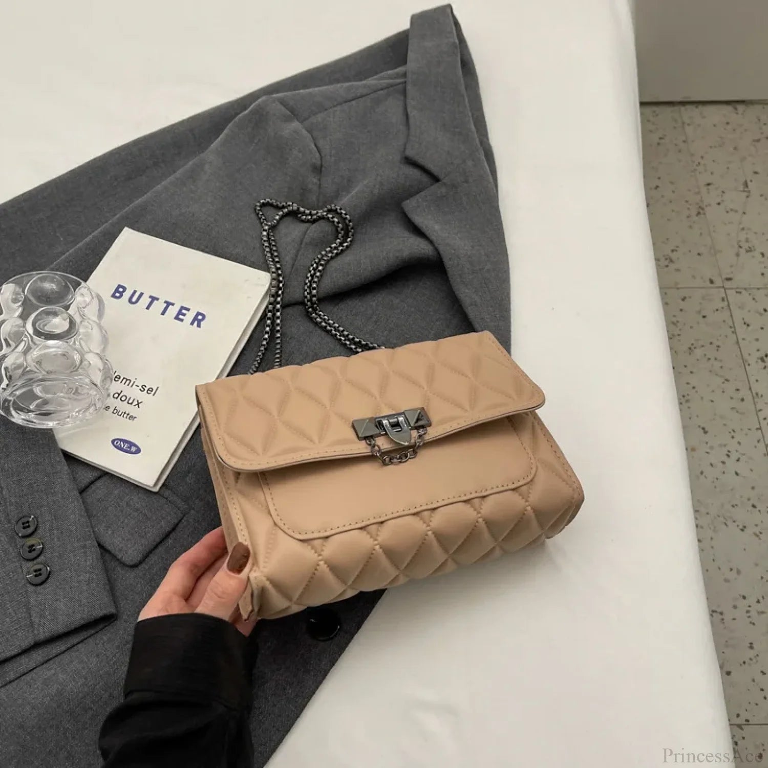 Stylish Diamond Grid Crossbody Shoulder Bag khaki shoulder-250126