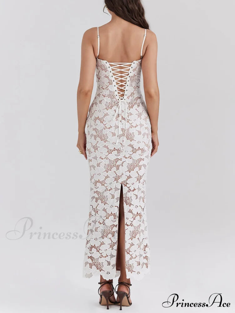 Stylish Sexy Lace Charming Halter See-Through Midi Dress Dresses