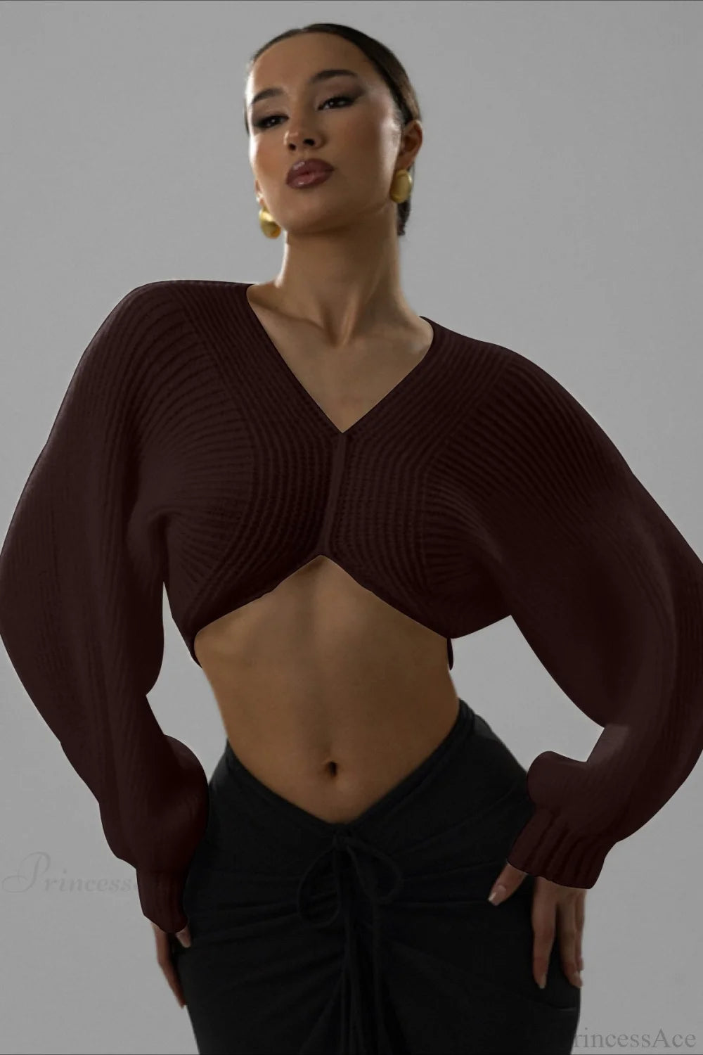 Stylish Sexy V-neck Cropped Sweater Brown / XS