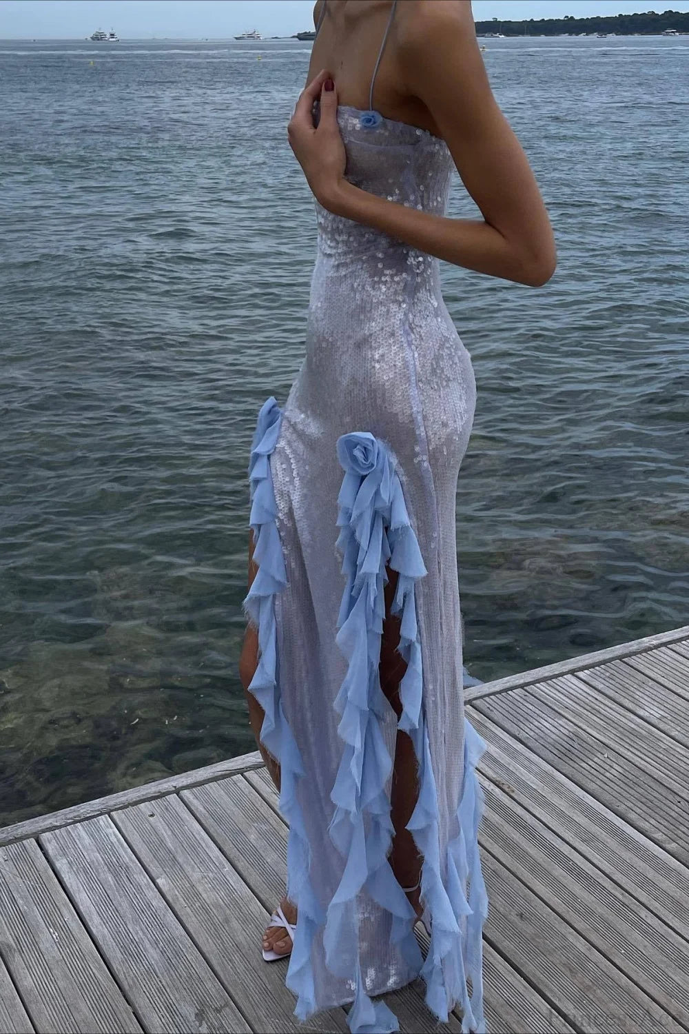 Sultry Sequined Ruffled 3D Floral Wedding Dress