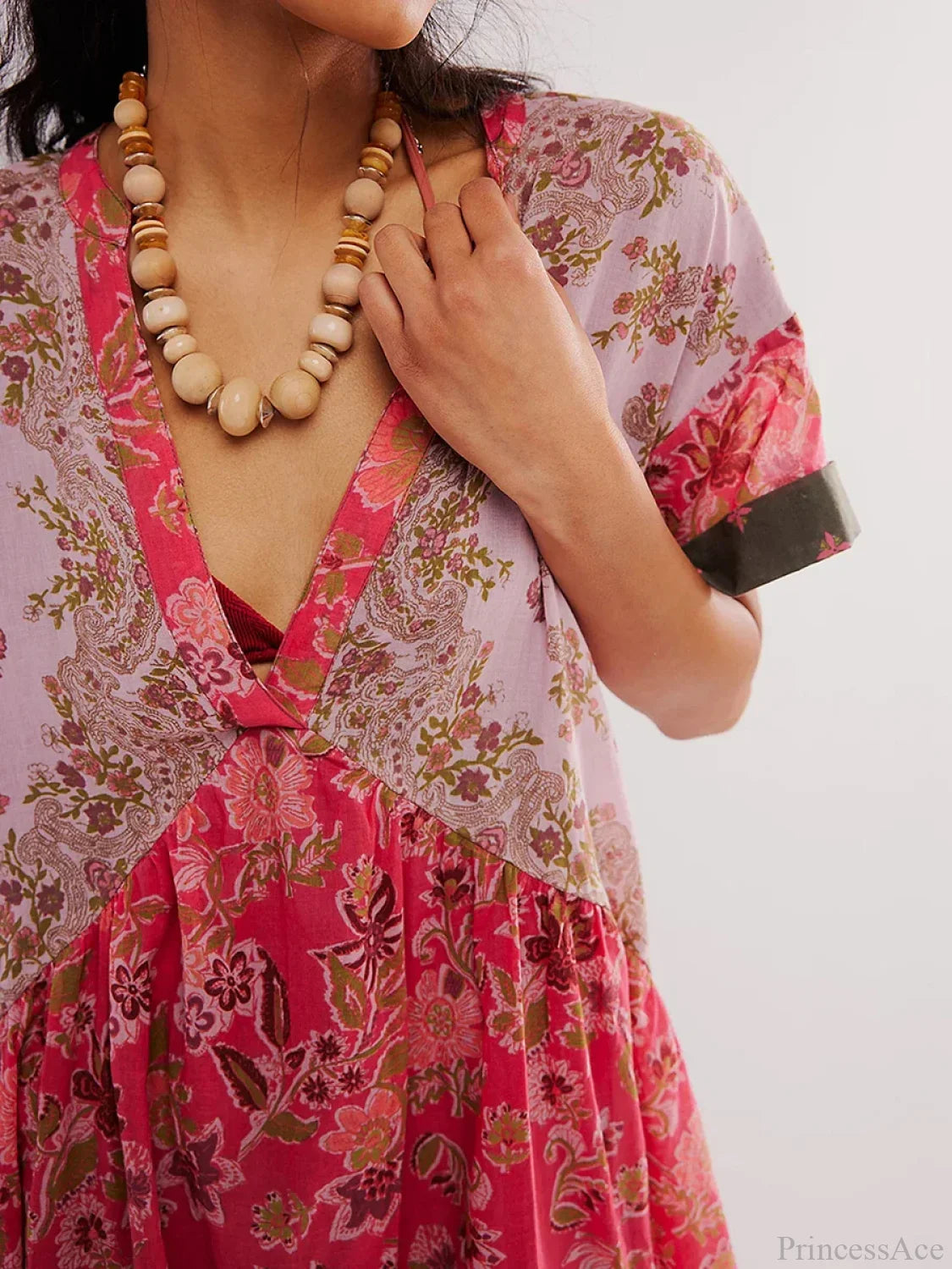 Summer Bohemian Babydoll Floral Print V-Neck Dress oldfloraldress-250126