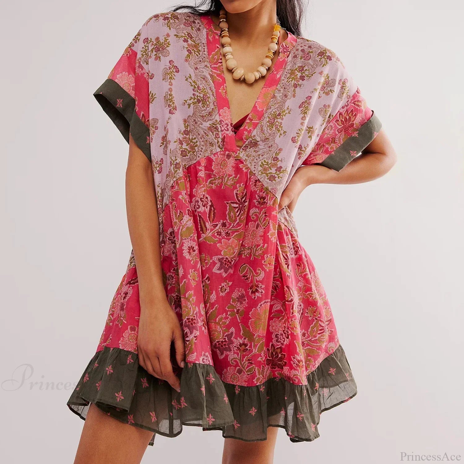 Summer Bohemian Babydoll Floral Print V-Neck Dress Red / S oldfloraldress-250126
