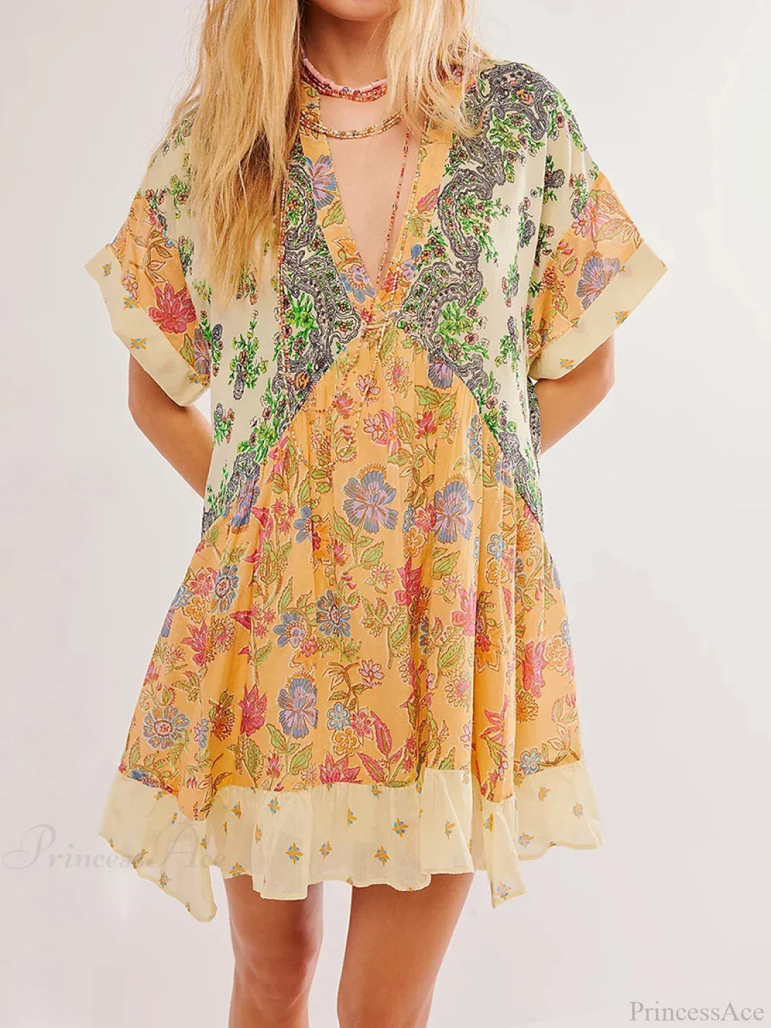 Summer Bohemian Babydoll Floral Print V-Neck Dress Yellow / S oldfloraldress-250126