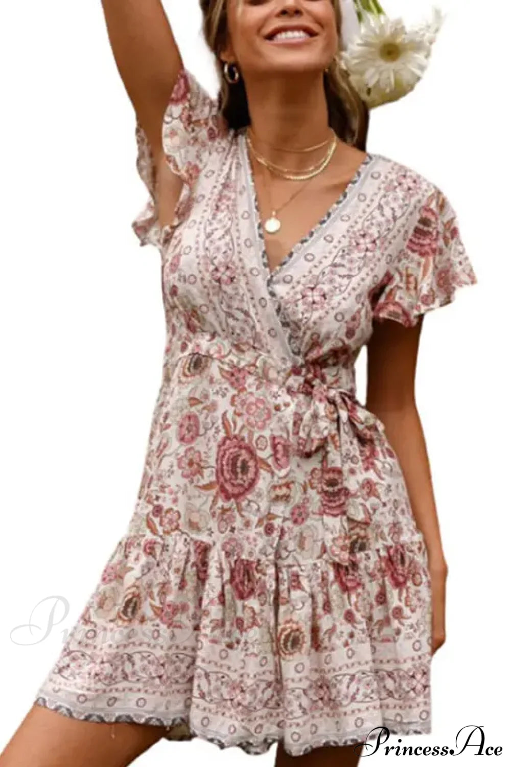 Summer Boho Floral Print Mini Wrap Beach Dress