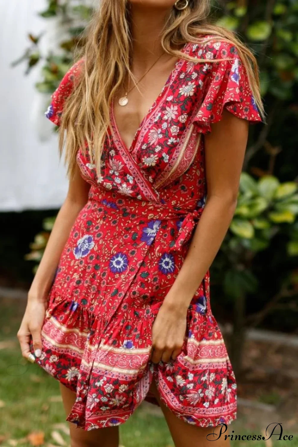 Summer Boho Floral Print Mini Wrap Beach Dress Burgundy / S
