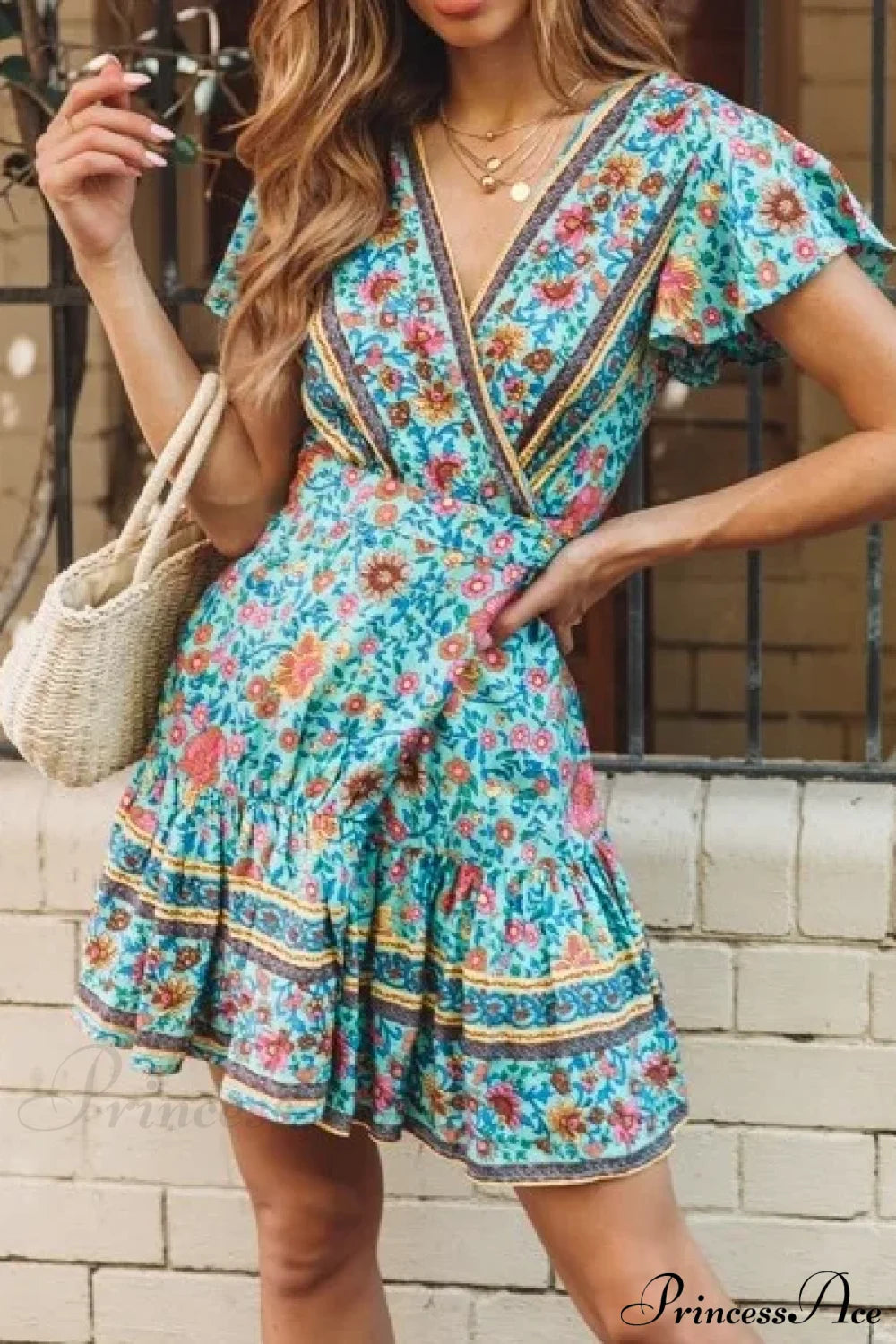 Summer Boho Floral Print Mini Wrap Beach Dress Green / S