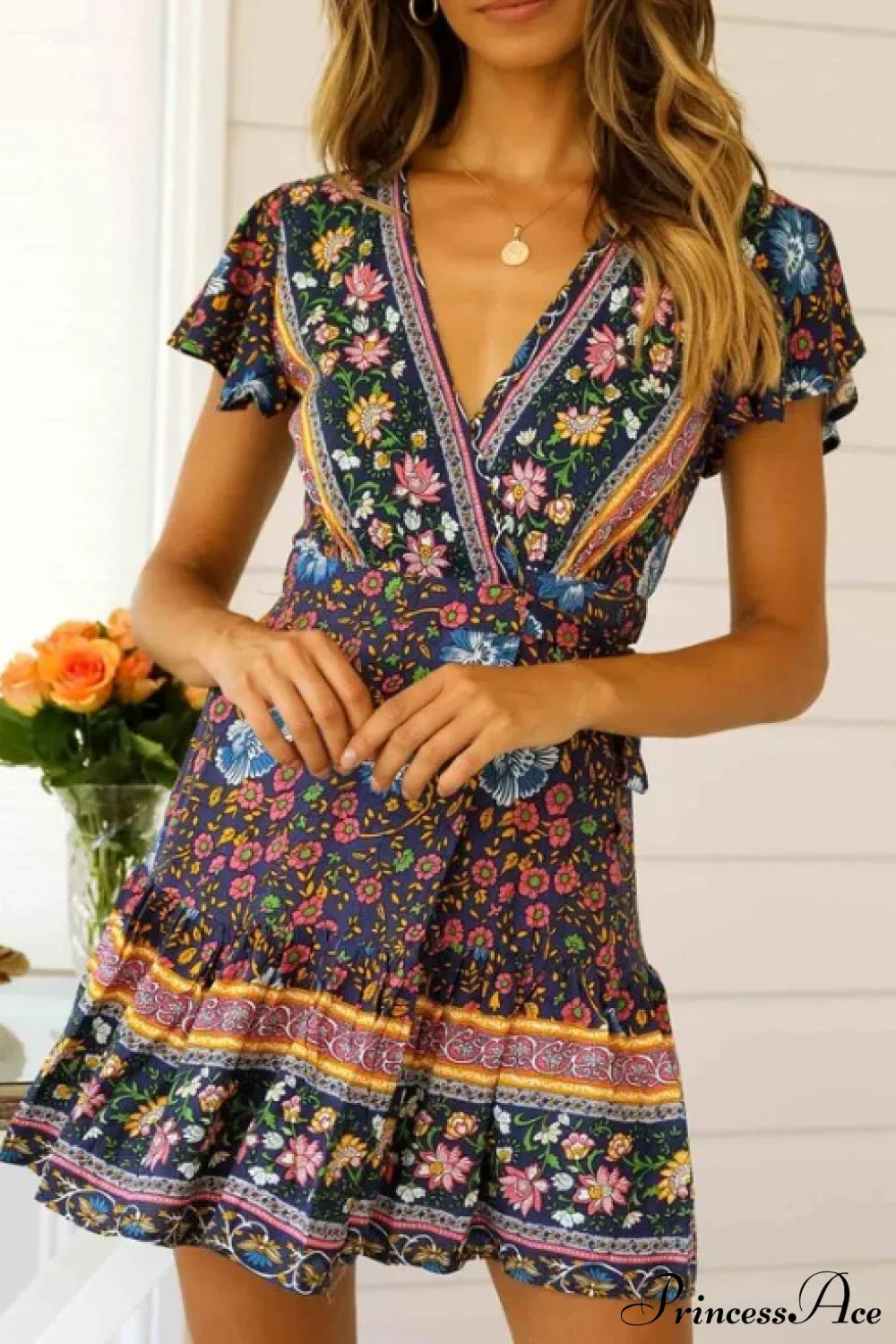 Summer Boho Floral Print Mini Wrap Beach Dress Navy Blue / S