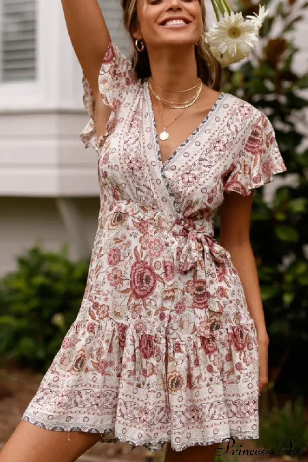 Summer Boho Floral Print Mini Wrap Beach Dress White / S