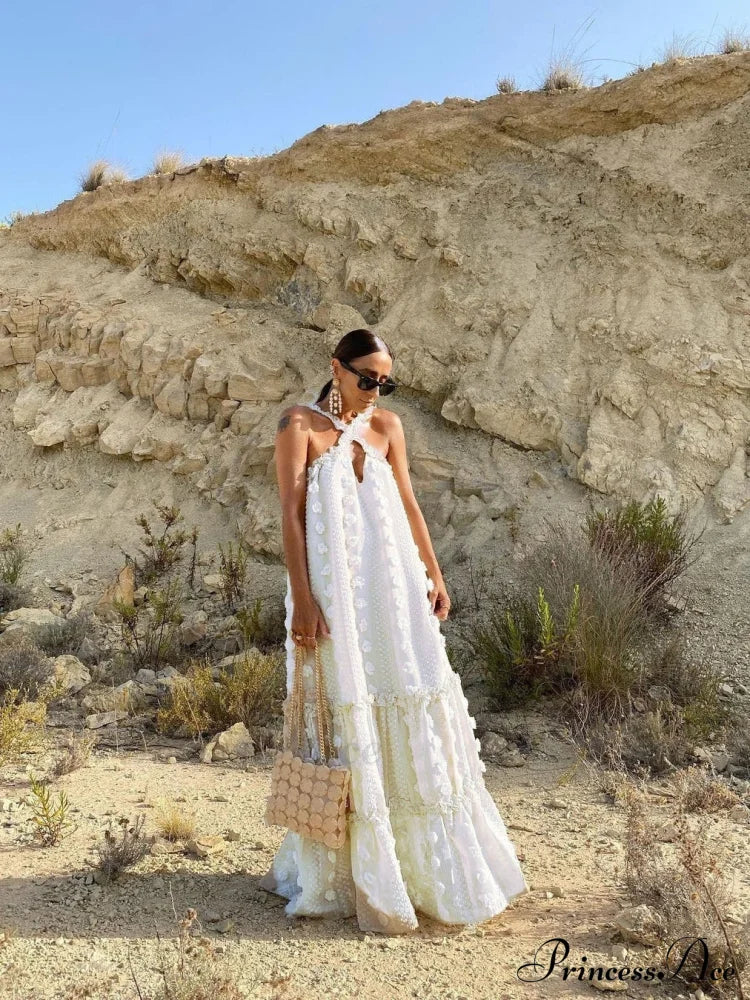 Summer Dress With Halter Flower And Long Ruffles M / Apricot