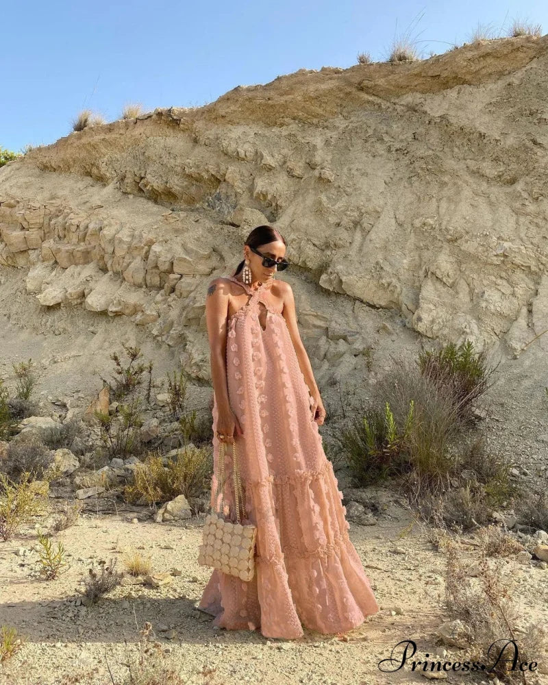 Summer Dress With Halter Flower And Long Ruffles M / Pink