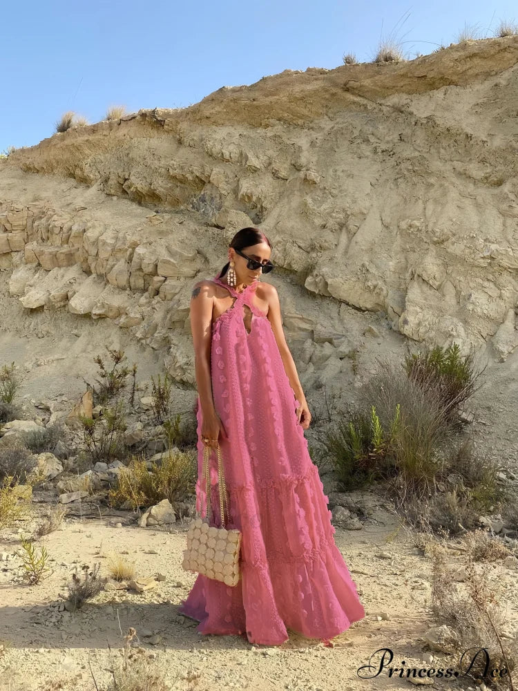 Summer Dress With Halter Flower And Long Ruffles S / Blue