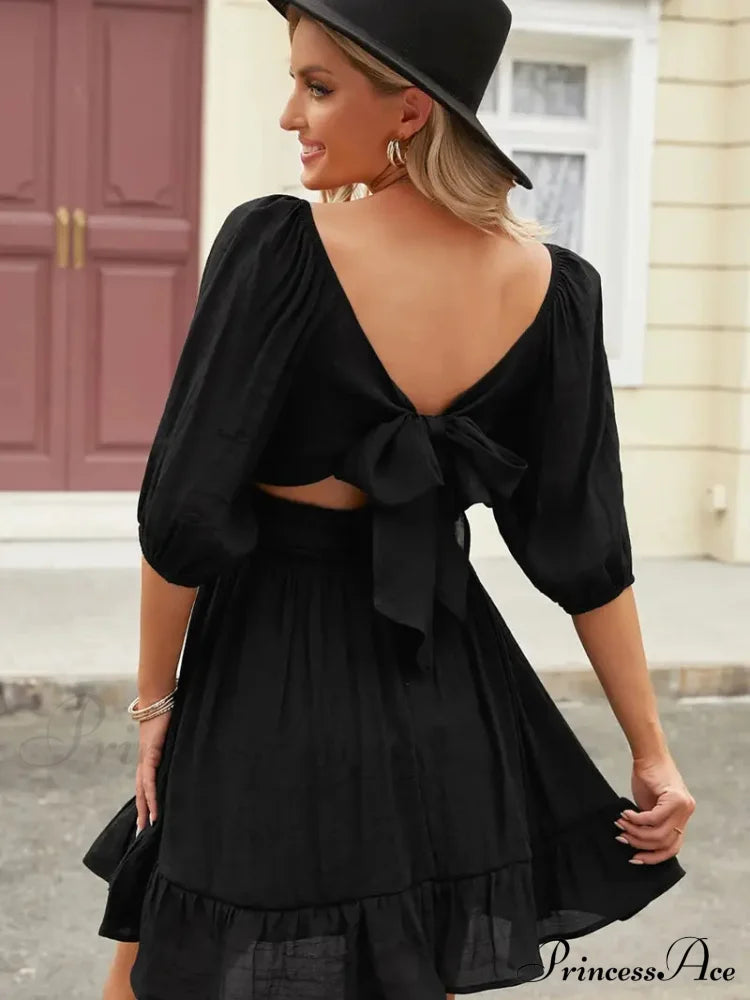 Summer Dress With Lantern Sleeves And Square Neck Ruffle Back M / Red Pink Chiffon Summer Dress