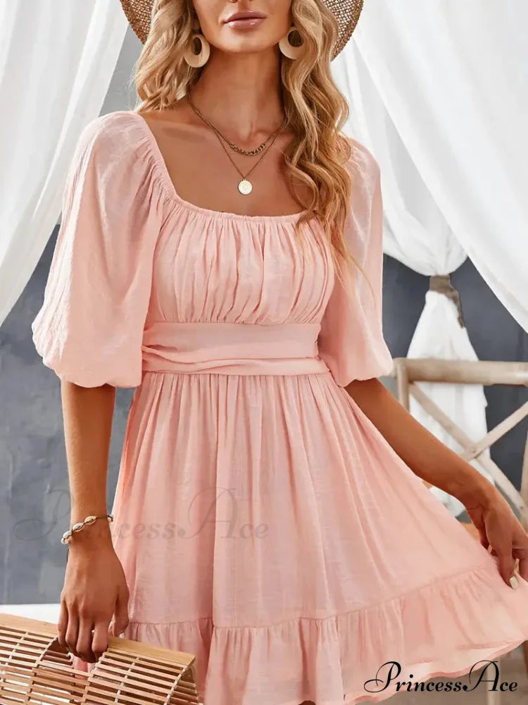 Summer Dress With Lantern Sleeves And Square Neck Ruffle Back S / Pink Pink Chiffon Summer Dress