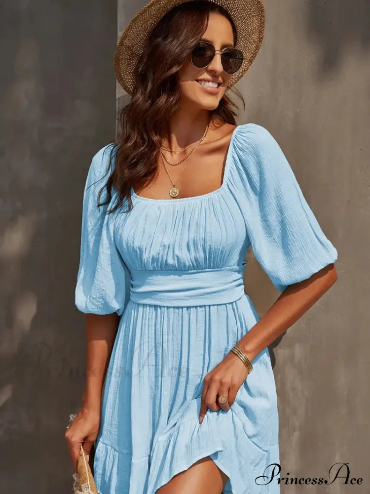 Summer Dress With Lantern Sleeves And Square Neck Ruffle Back S / Red Pink Chiffon Summer Dress