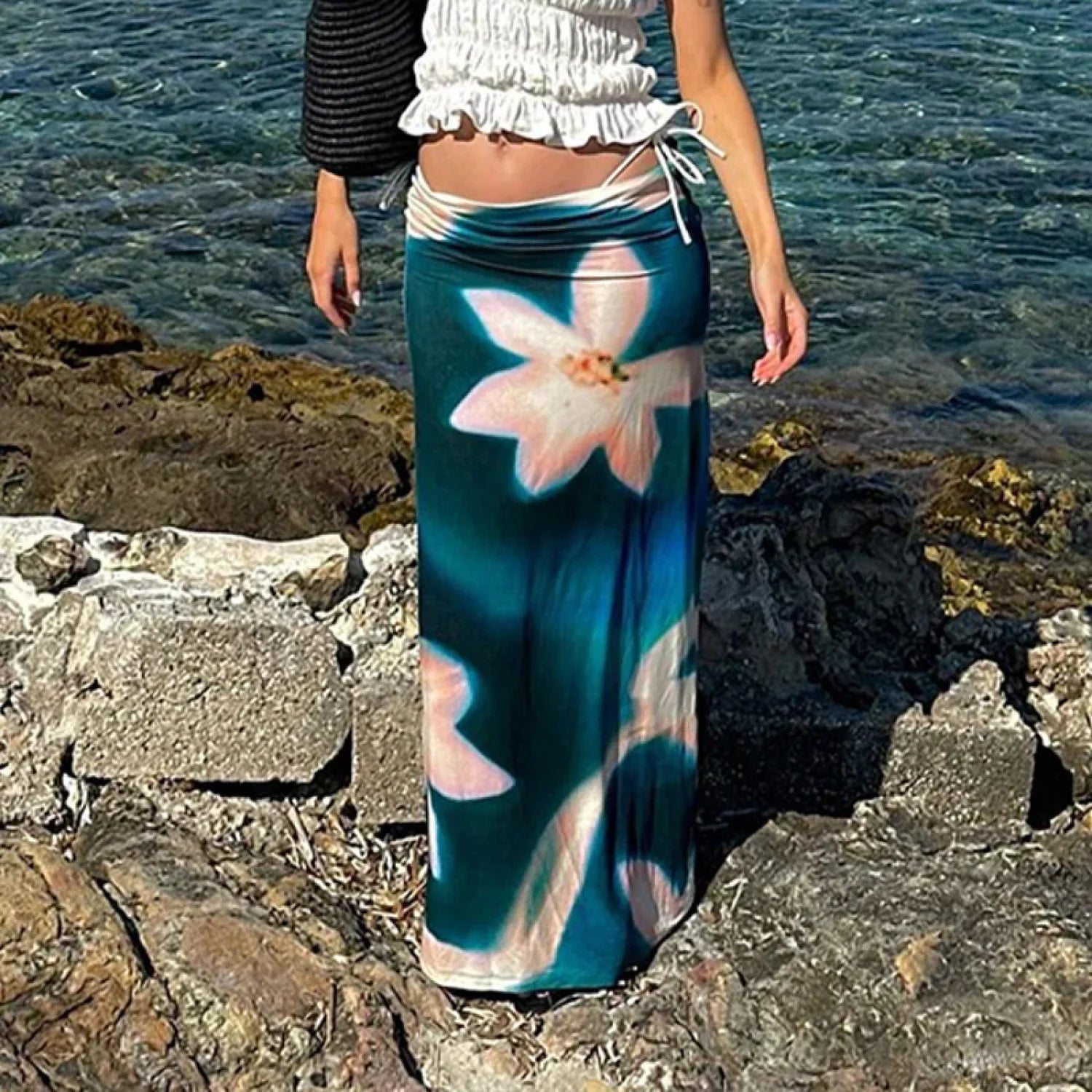 Summer Fashion Blue Print High Waist Maxi Skirt Club Skirt skirt-250126