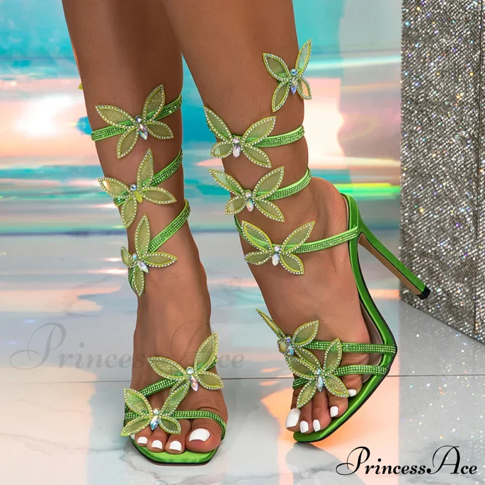 Summer Fashion Crystal Butterfly Ankle Strap Sandals - Green High Heels Size 42 / 36