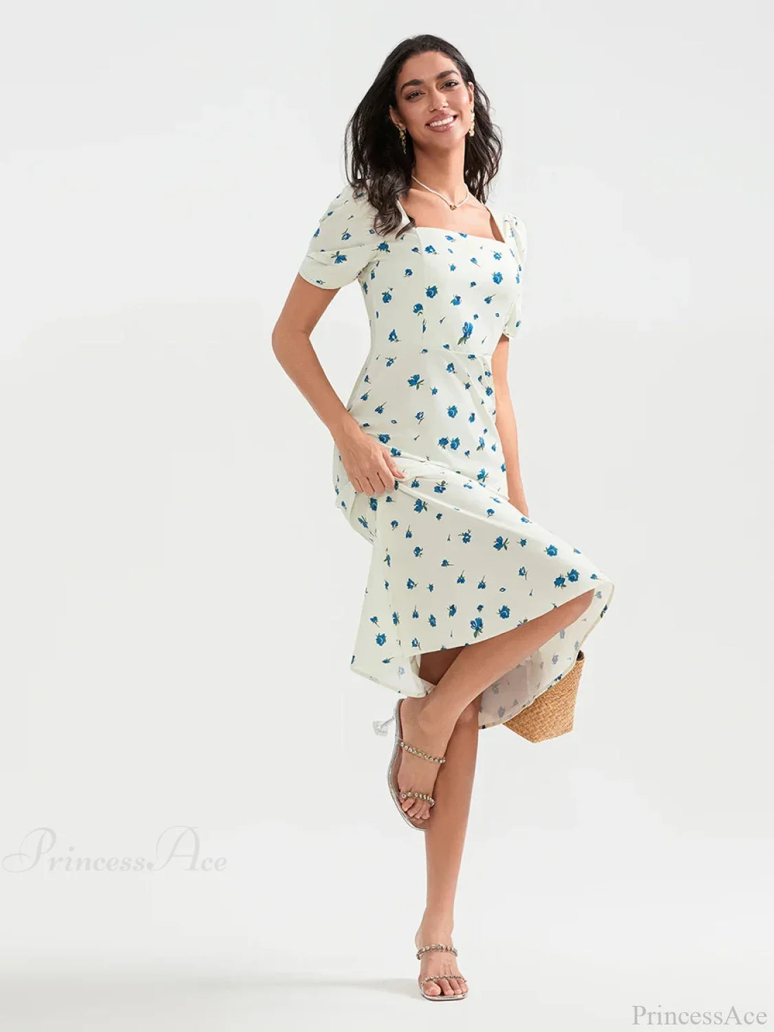 Summer Floral Midi Puff Sleeve A-Line Floral Dress floraldress-250126