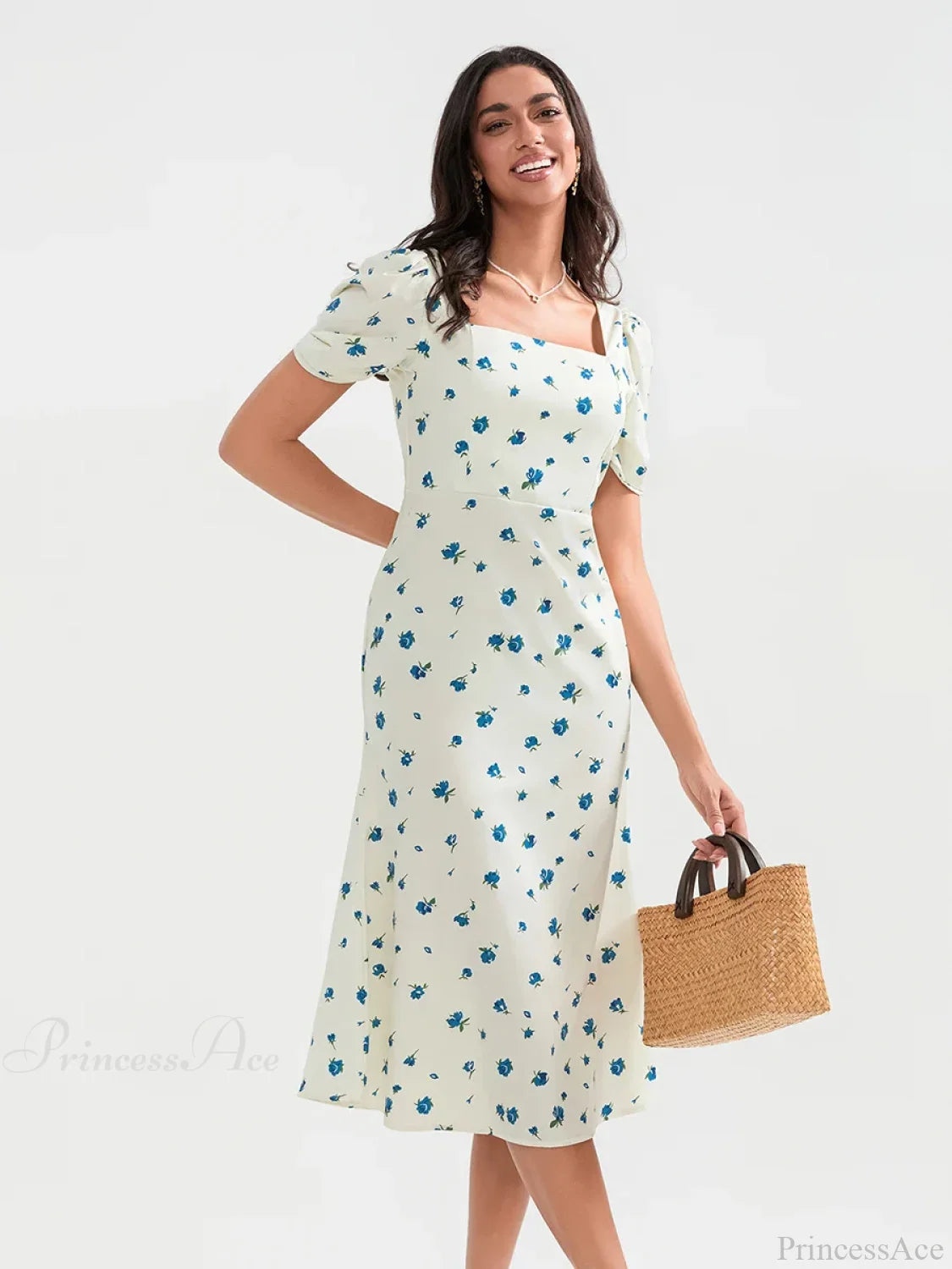 Summer Floral Midi Puff Sleeve A-Line Floral Dress floraldress-250126