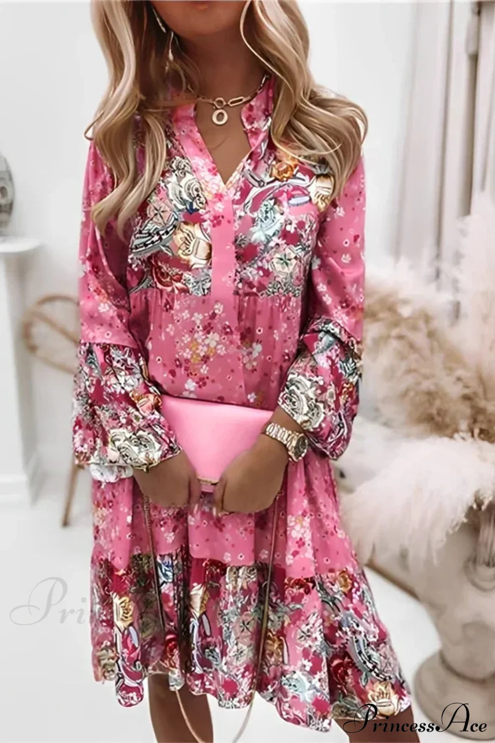 Summer Floral Print V Neck Ruffles Boho Dress