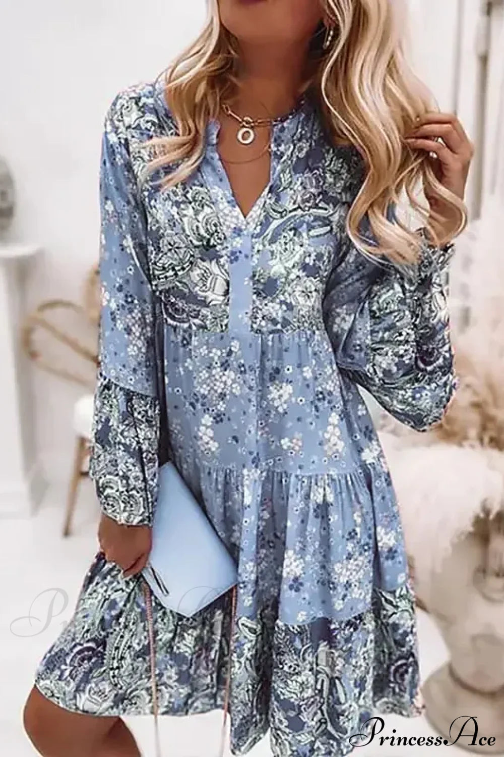 Summer Floral Print V Neck Ruffles Boho Dress Blue / S