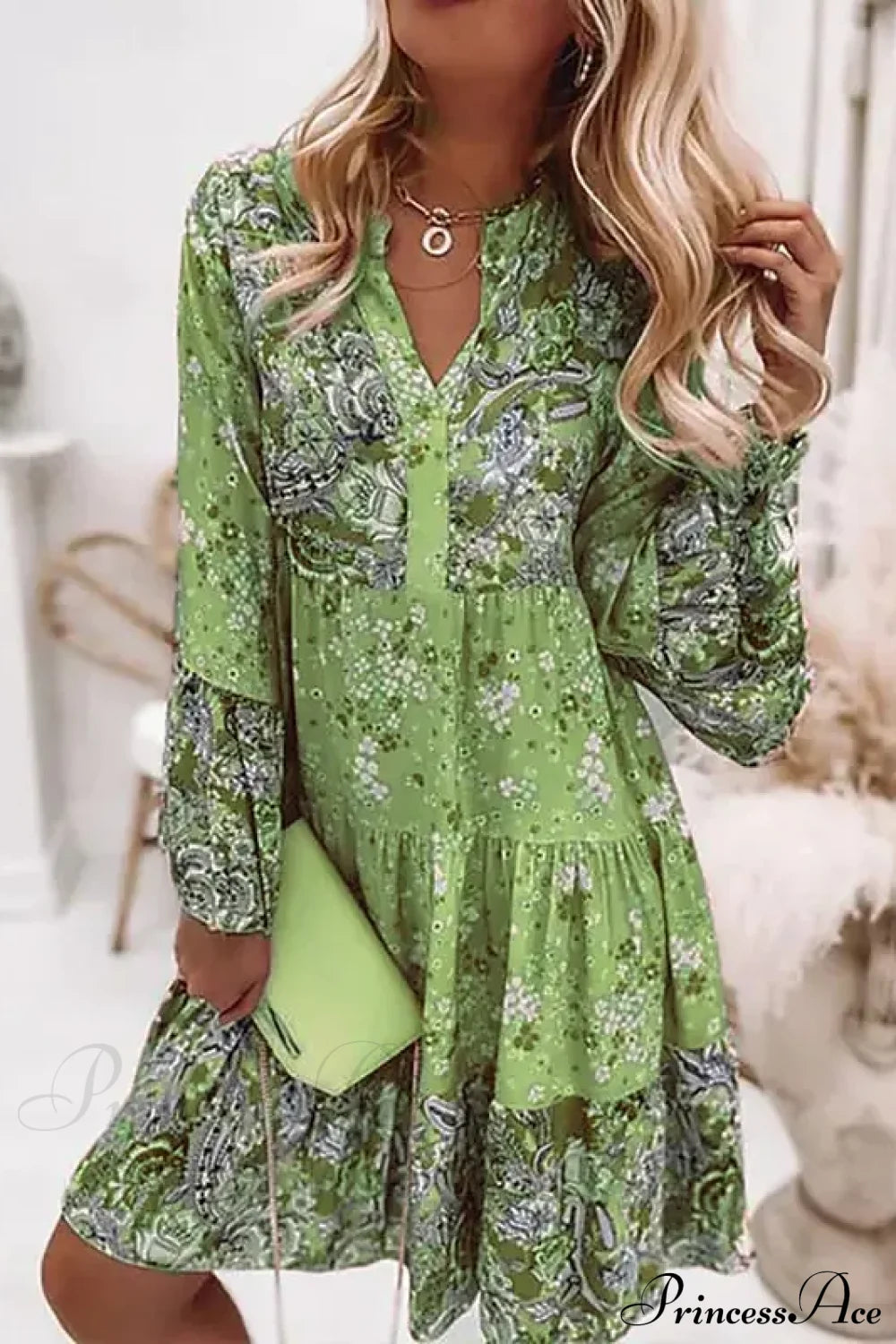 Summer Floral Print V Neck Ruffles Boho Dress Green / S
