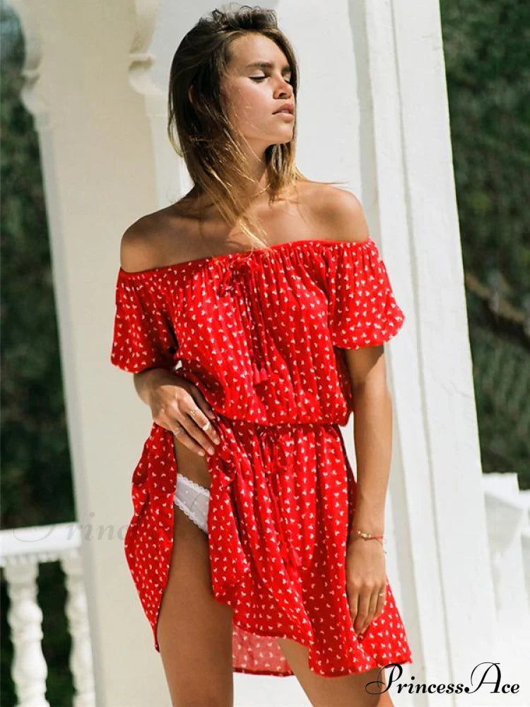 Summer Floral Printed Off-The-Shoulder Short Sleeves Mini Dress - Red Dresses