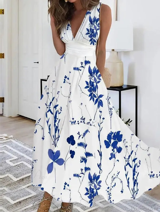 Summer Flower Print Sexy V-neck A-line Floral Dress Blue / S oldfloraldress-250126