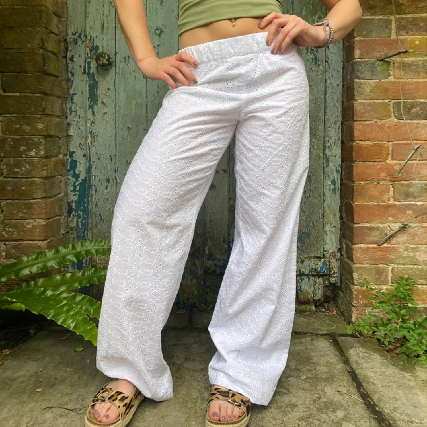Summer Kawaii Eyelet Embroidery Palazzo Pant pant-250223