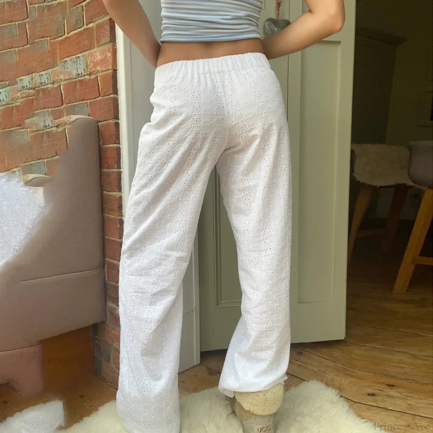 Summer Kawaii Eyelet Embroidery Palazzo Pant pant-250223
