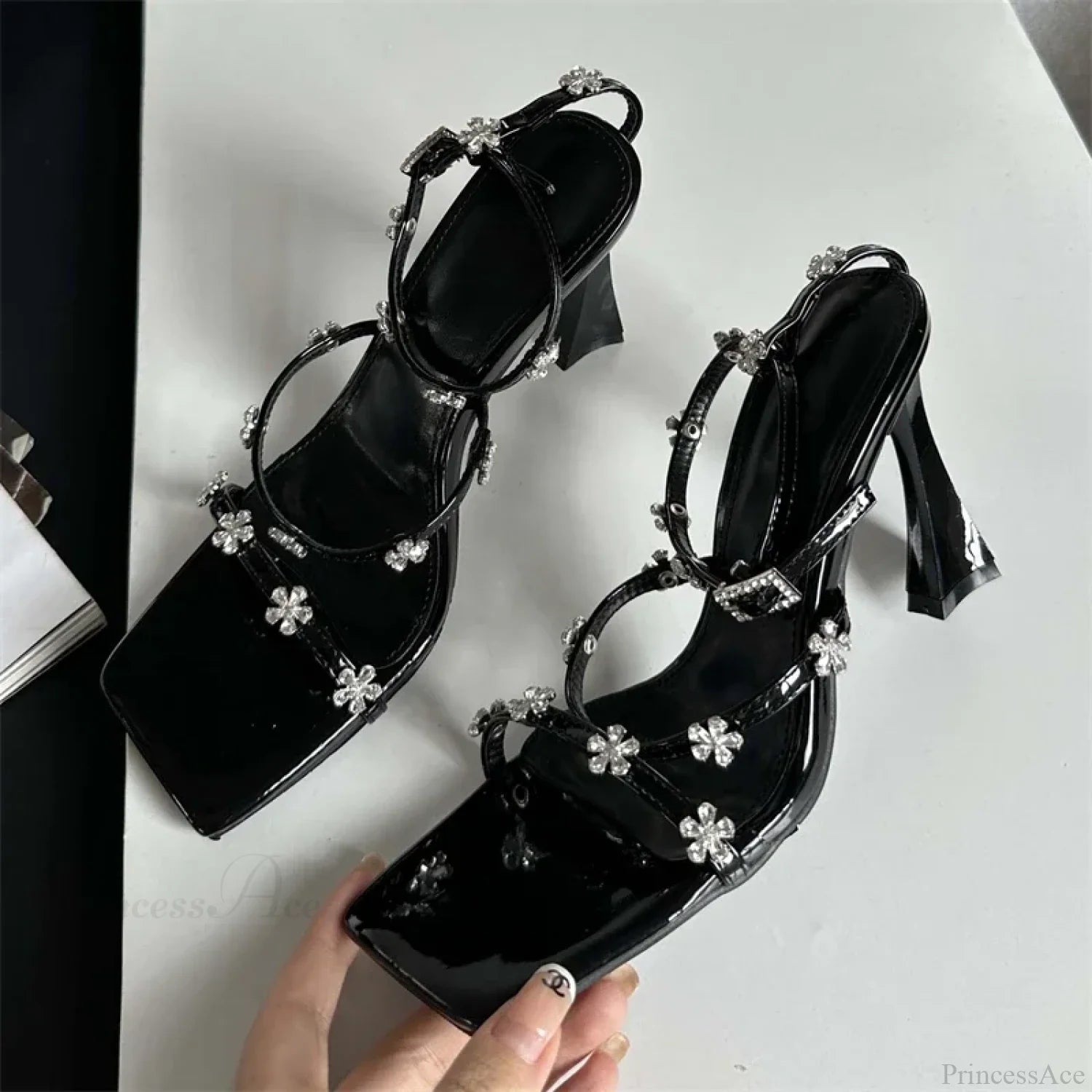 Summer Narrow Band Crystal Buckle Strap Sexy Square Toe Party Dress Low Heel Pump Black / 35