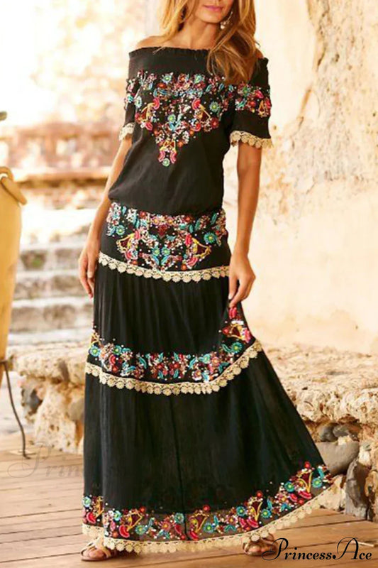 Summer New Elegant Wrapped Chest Long Bohemian Boho Dress Black / M