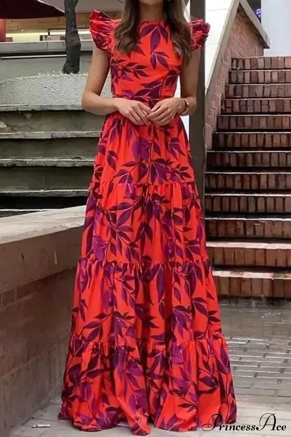 Summer Print Maxi Flying Sleeve Party Robe Vintage Boho Dress Red / S