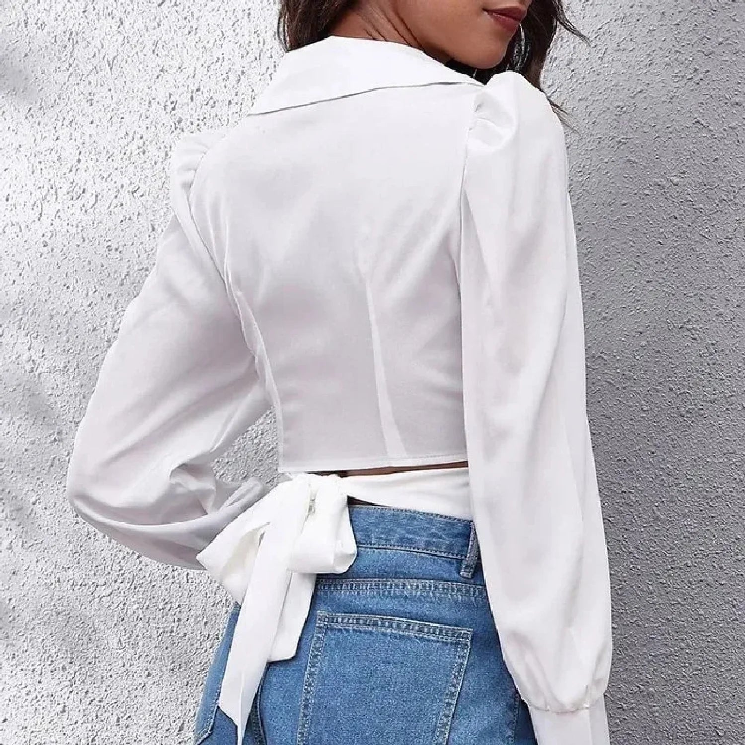 Summer Puff Long Sleeve Cropped Lace-up Blouse blouse-250126