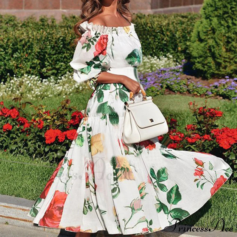 Summer Rose Off Shoulder Maxi Dress With Floral Print Rose Floral Maxi Beach Dress