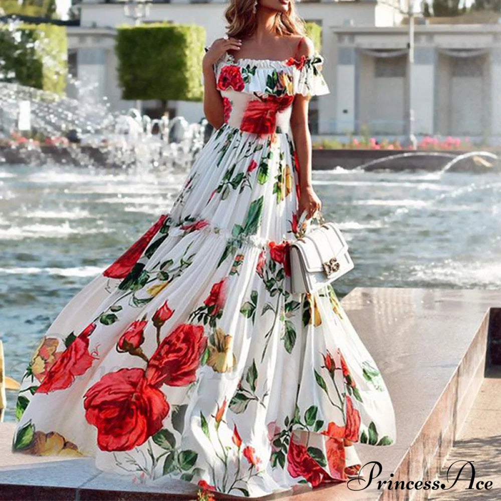 Summer Rose Off Shoulder Maxi Dress With Floral Print Rose Floral Maxi Beach Dress