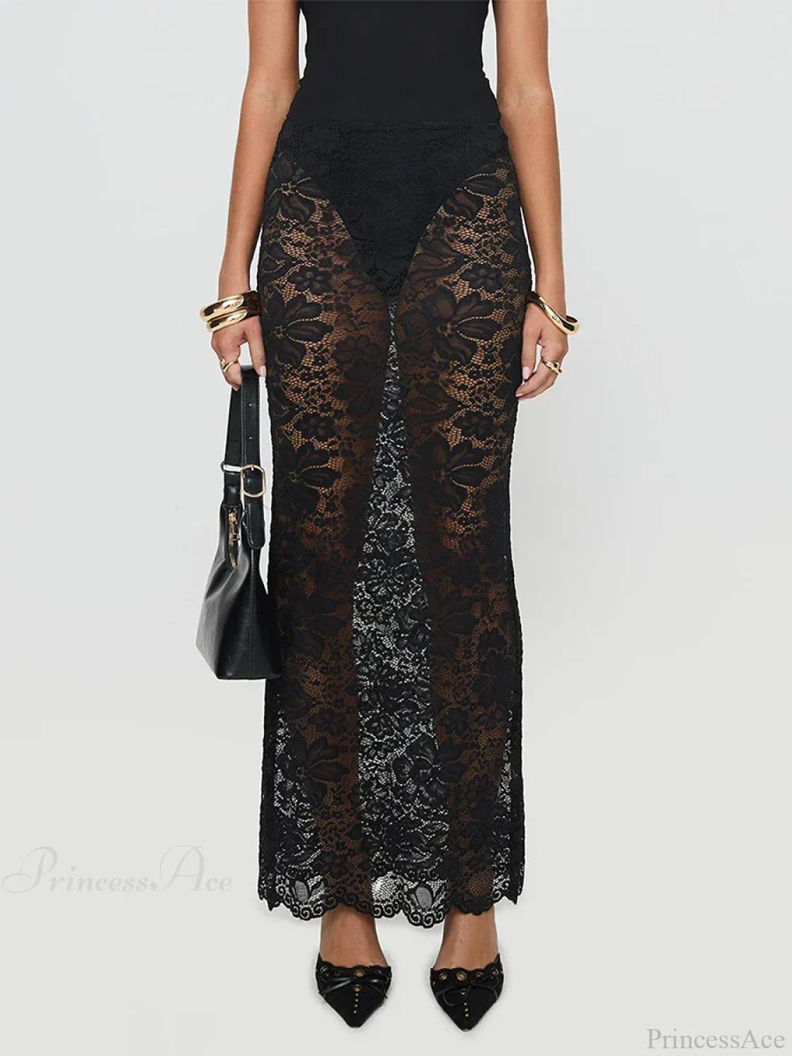 Summer Sexy Sheer Lace Floral Long Skirt Y2K Party Black / S skirt-250126