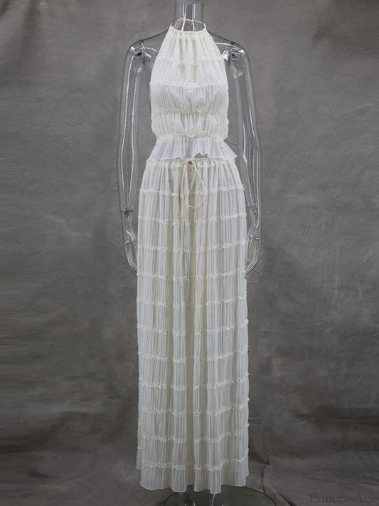 Summer Sexy Sleeveless Backless Top High Waist Skirt Beach Christmas Party Dress Beige / S