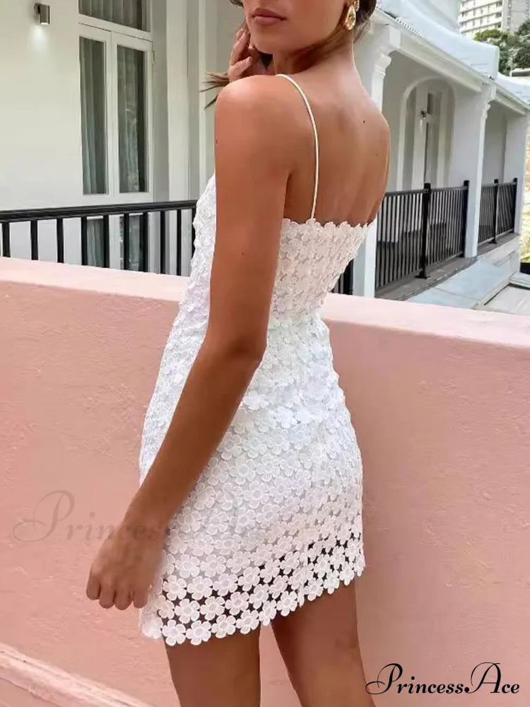 Summer Sexy Suspender Charming Lace Hollow Mini Dress White / L Dresses