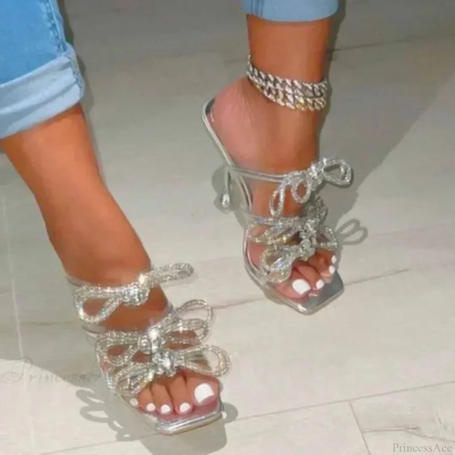 Summer Stiletto Sandals Square Toe Crystal Chain Anklebuckle Strap Thin High Heel Club Party Wedding