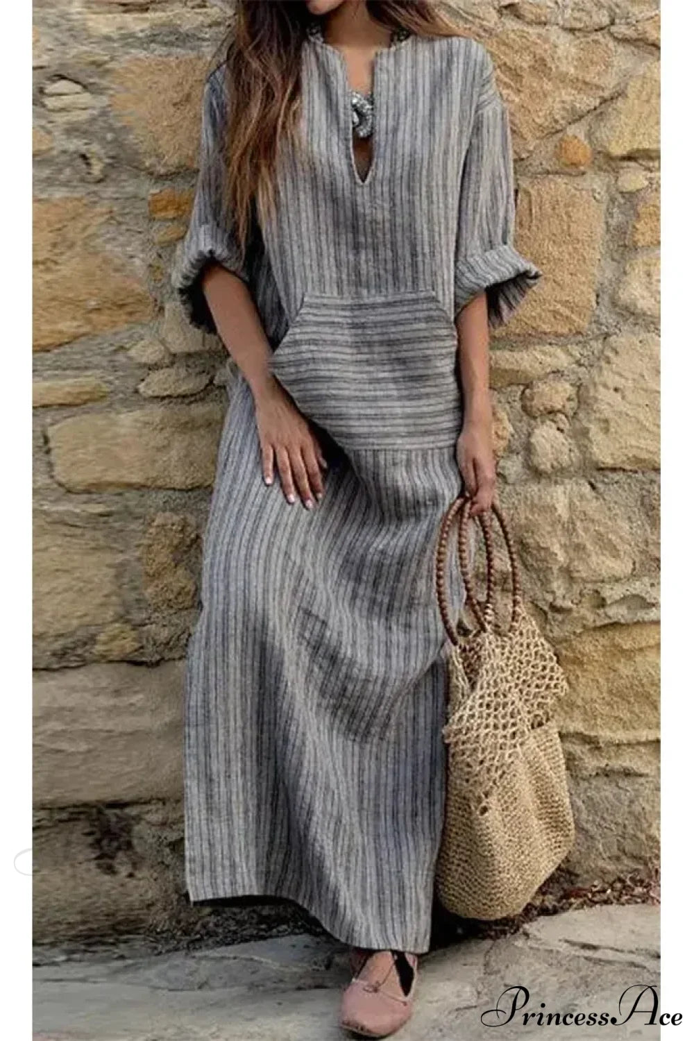 Summer Striped Cotton Linen Oversize Long Boho Dress