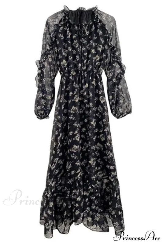 Summer Thin Floral Chiffon Lace Vintage Black Boho Dress / S